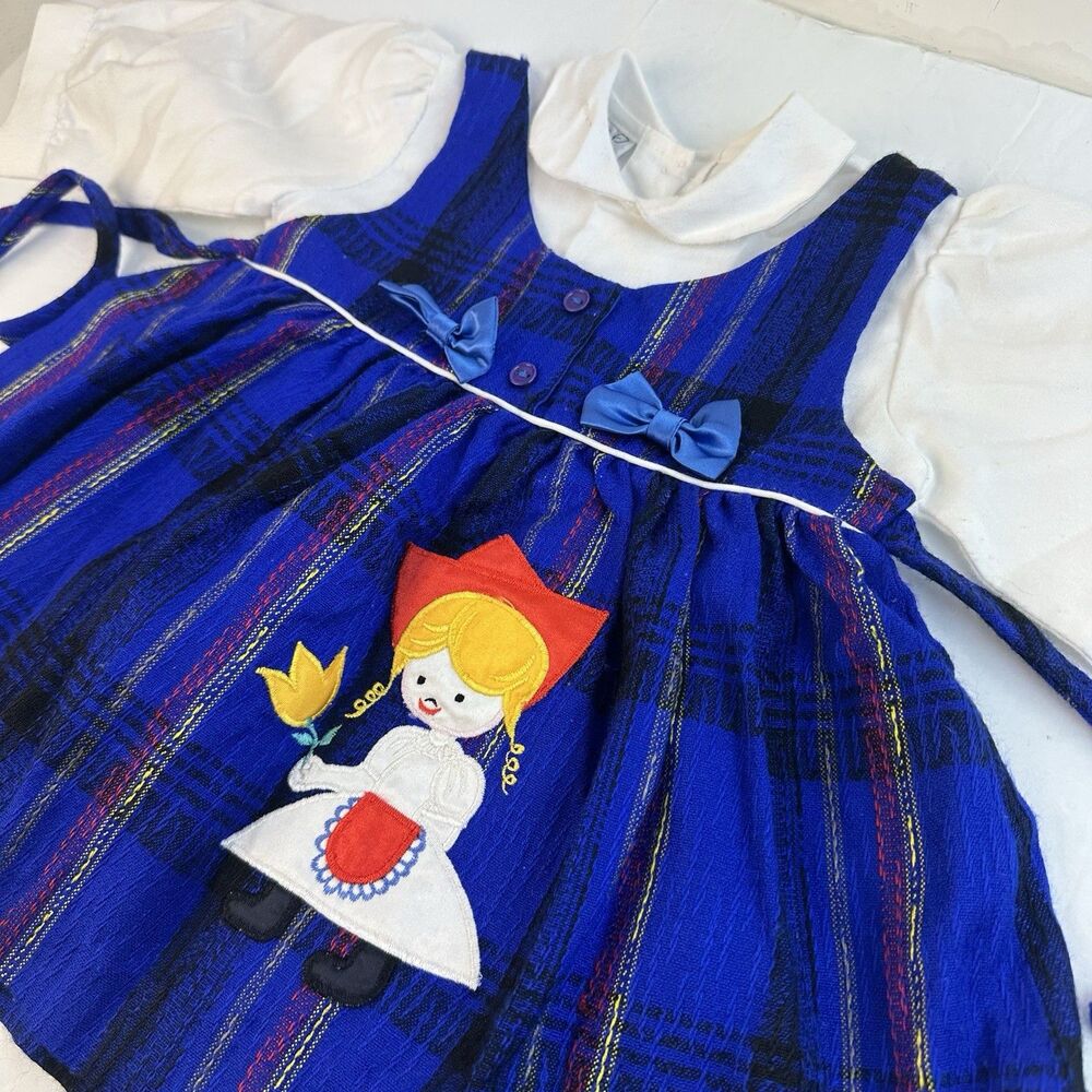 Vintage Girls 12 Mo Blue Plaid Jumper Dutch Tulip Applique Dress Peter Pan Bows